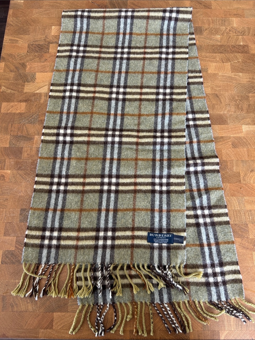Burberry Olive and Tan Plaid Cashmere Scarf